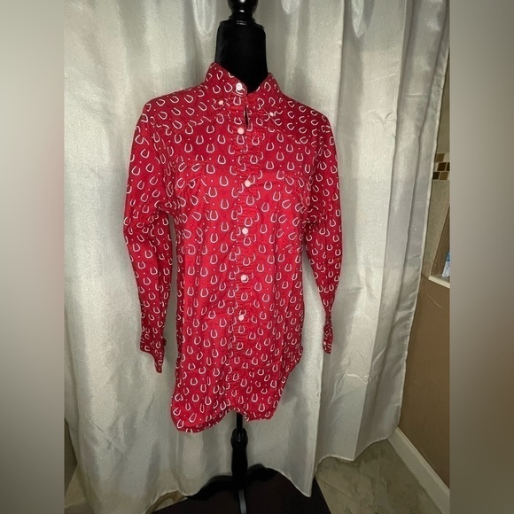 express ryder Tops - Vintage Express Rider Red Button Down Horseshoe Print Western Shirt Size Medium 